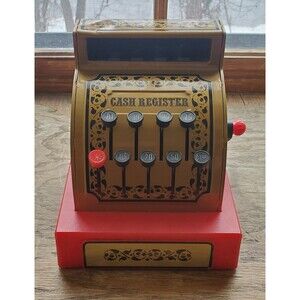 Vtg Metal & Plastic Toy Cash Register Till Red & Gold 1976 Childrens Toy Buddy L